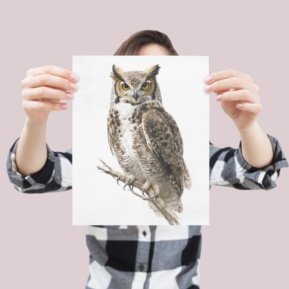 Watercolor Great Horned Owl Portrait Wall Art Print, Unframed - Woodland - Picture 4 of 6